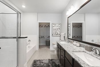 a bathroom with a large mirror and two sinks